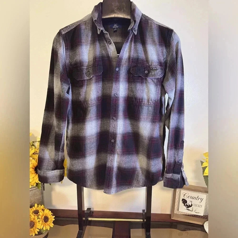 George Men’s Size Small Gray, Maroon and black long sleeve flannel shirt
